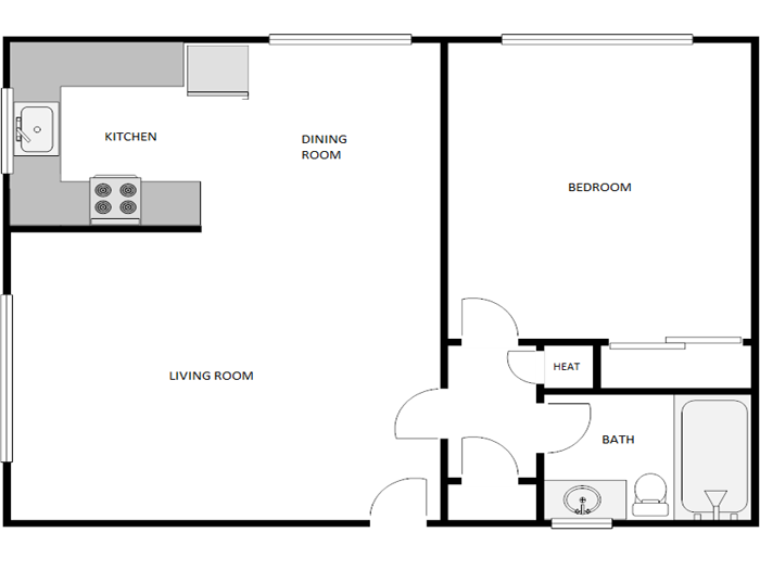 Floor plan for 1 bed, 1 bath, 650 sqft